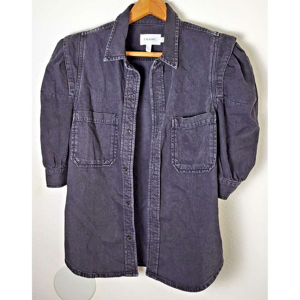 Frame Bonita Sz M Puff Sleeve 100% Cotton Denim Shirt Jacket Washed Black